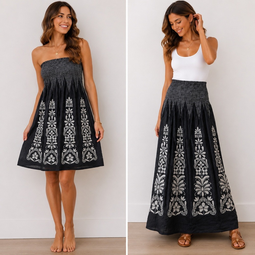 Lapis‎ Skirt Floral Damask Smocked Waist Boho Midi Black Grey OS